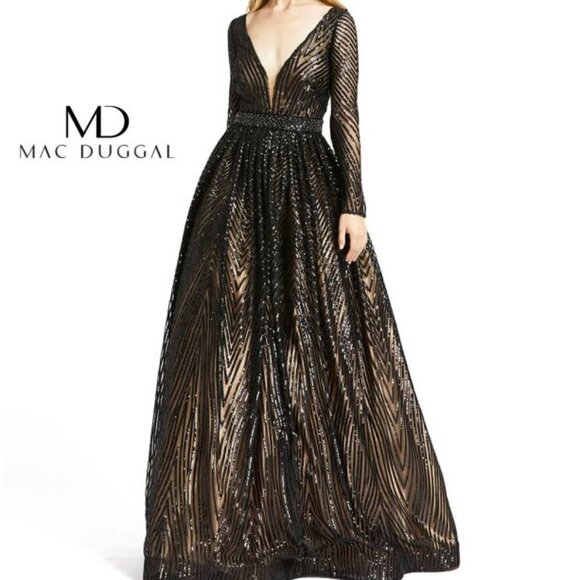 MAC DUGGAL 67103 LONG SLEEVE CHEVRON SEQUIN BLACK/NUDE GOWN sz 4 - Picture 1 of 5